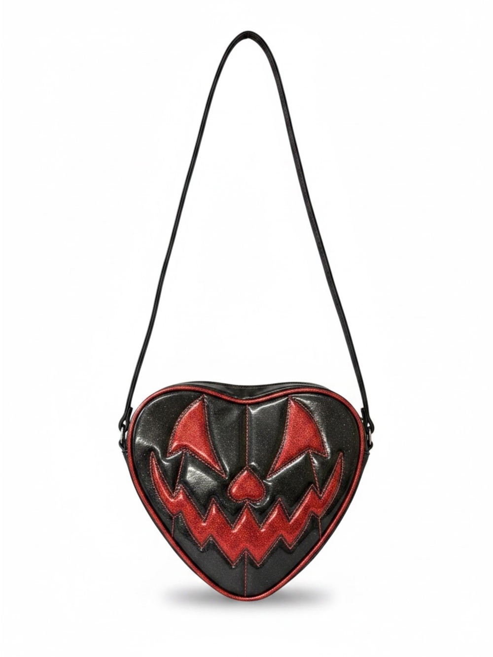 Love, Pain and Stitches Pumpkin Kult Black Heart Shaped Crossbody Bag